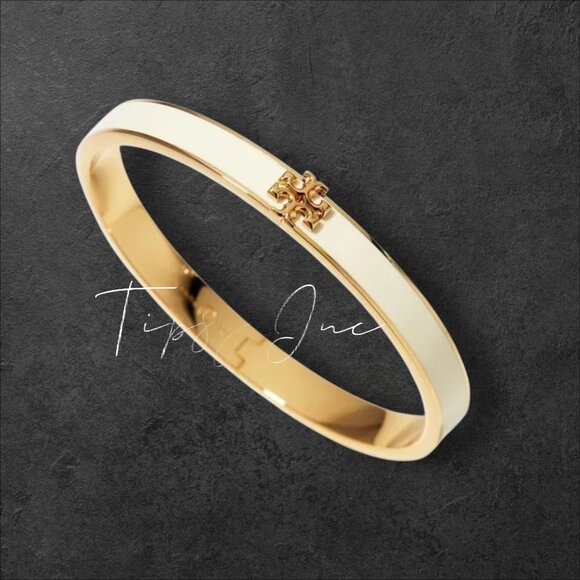 Tory Burch White and Gold Kira Hinged Bangle Bracelet - Picture 3 of 4